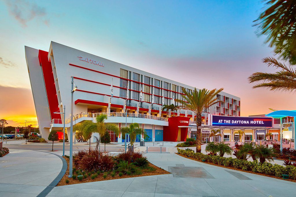 Landscaped public spaces outside the One Daytona Autograph Hotel